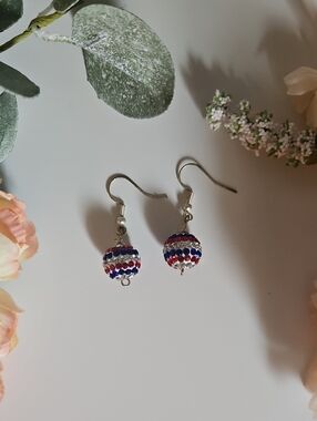 Patriotic Crystal Ball Dangle Earrings in Red, White & Blue
